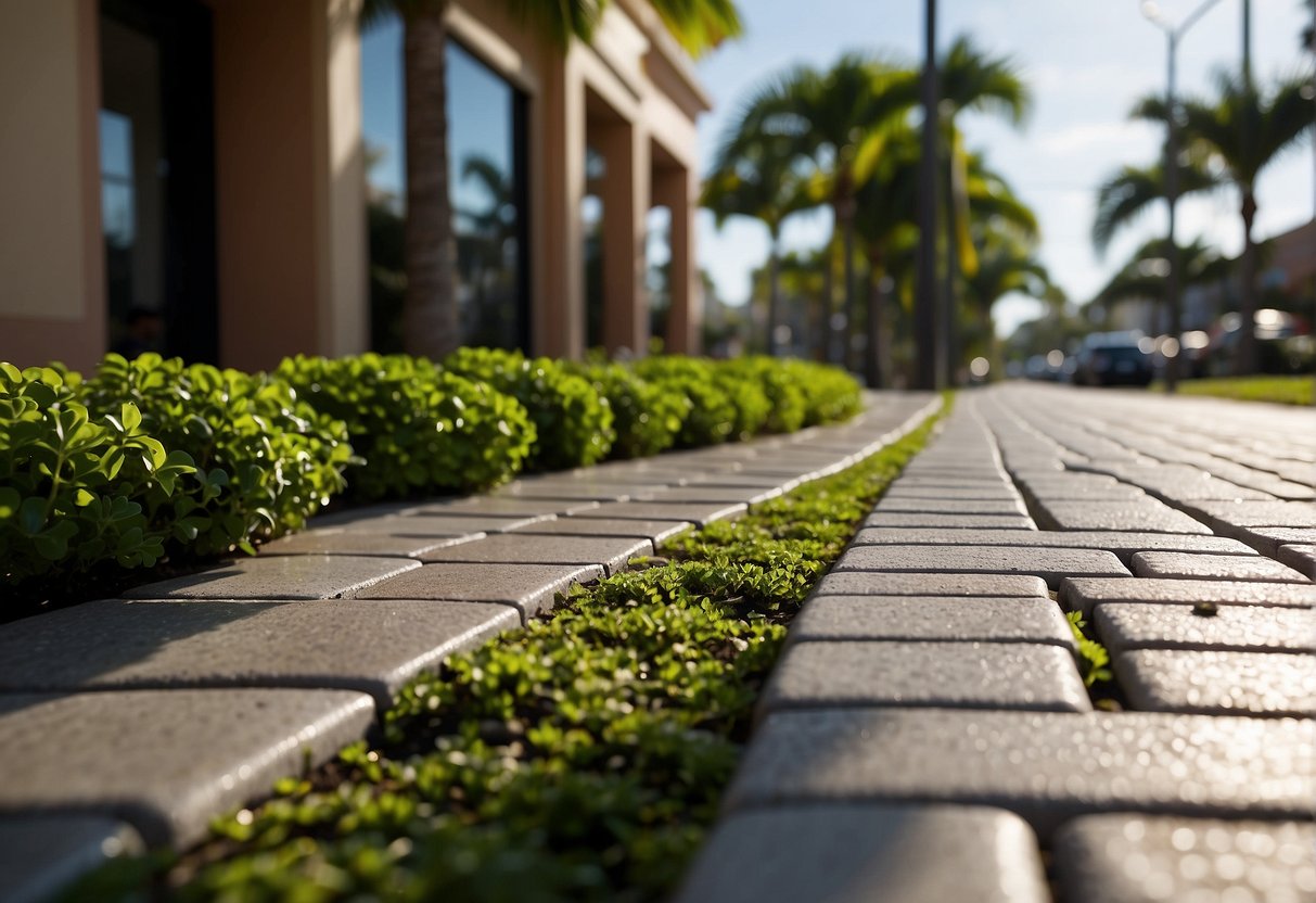A sunny Fort Myers street with permeable pavers, allowing water to seep through, reducing flooding and heat. Lush greenery thrives alongside the pavers