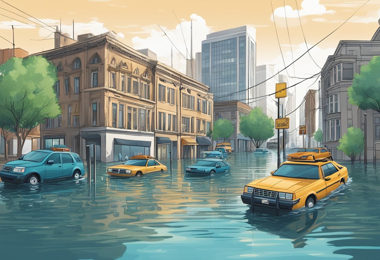 A flooded city street with submerged cars and buildings, illustrating the impact of climate change on increasing flood risks and water damage