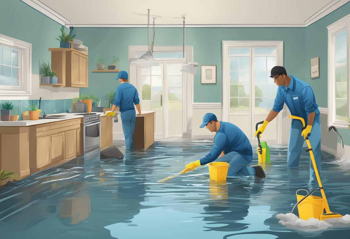A flooded room with water damage, showing a person using proper tools and techniques to clean up the mess safely and effectively