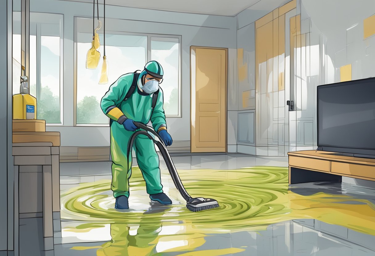 A person in protective gear cleaning up water damage, using safe methods and avoiding harmful actions