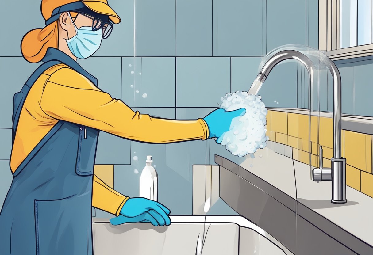 A person wearing gloves and a mask is using a sponge and disinfectant to clean up water damage. They are following safety guidelines and avoiding harmful chemicals