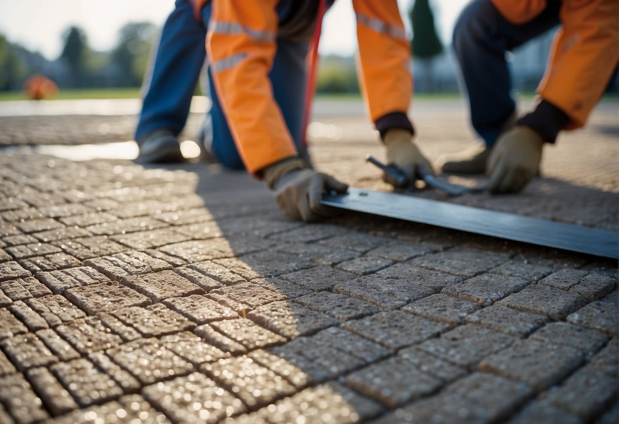 Workers lay out and level gravel base. Pavers are then carefully arranged in a herringbone pattern. Sand is brushed into joints for stability