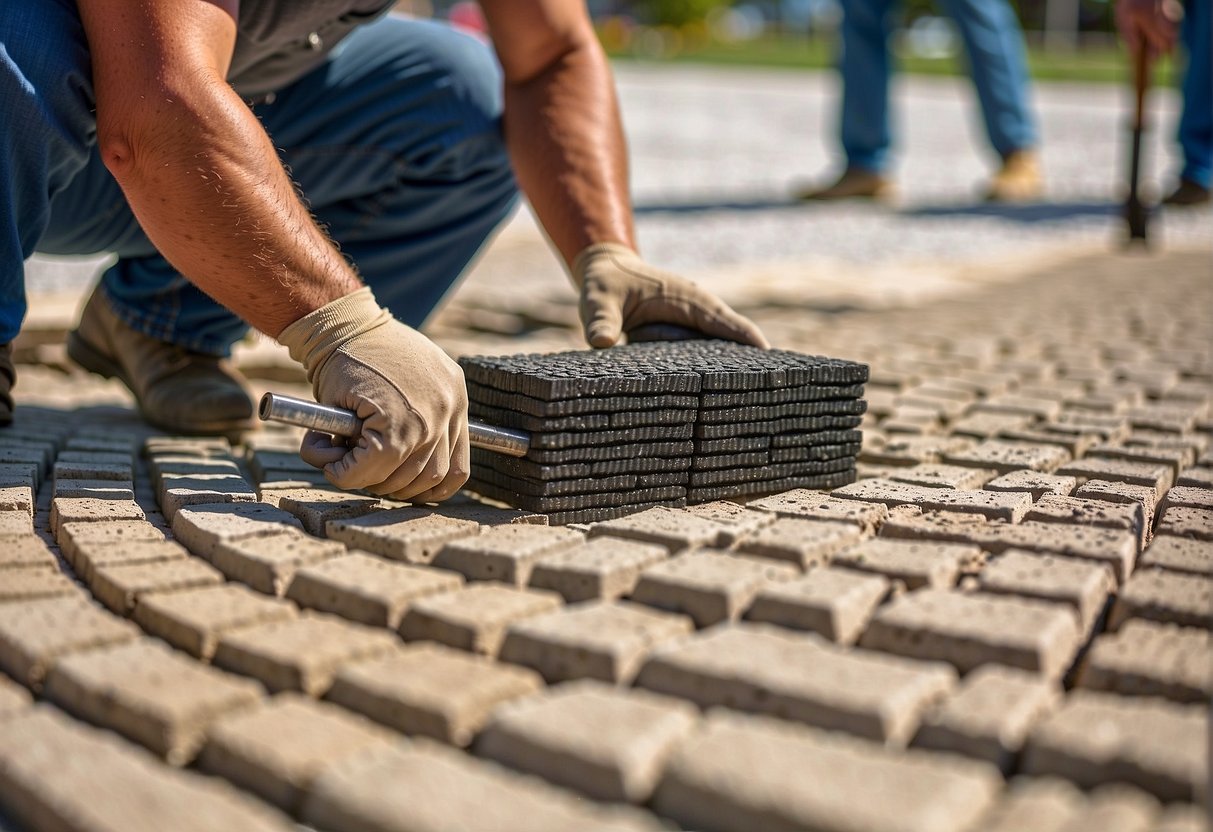 Workers laying permeable pavers in Fort Myers. Sand base, pavers placed, joints filled with small stones. Machinery and tools present