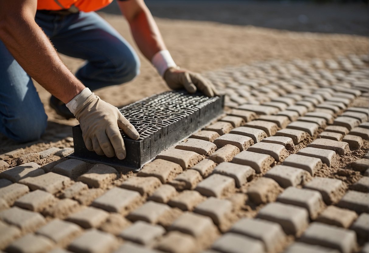 Workers lay permeable pavers in a grid pattern on a sandy base. A compactor presses the pavers into place, creating a smooth, level surface. Sand is then swept into the joints to complete the installation