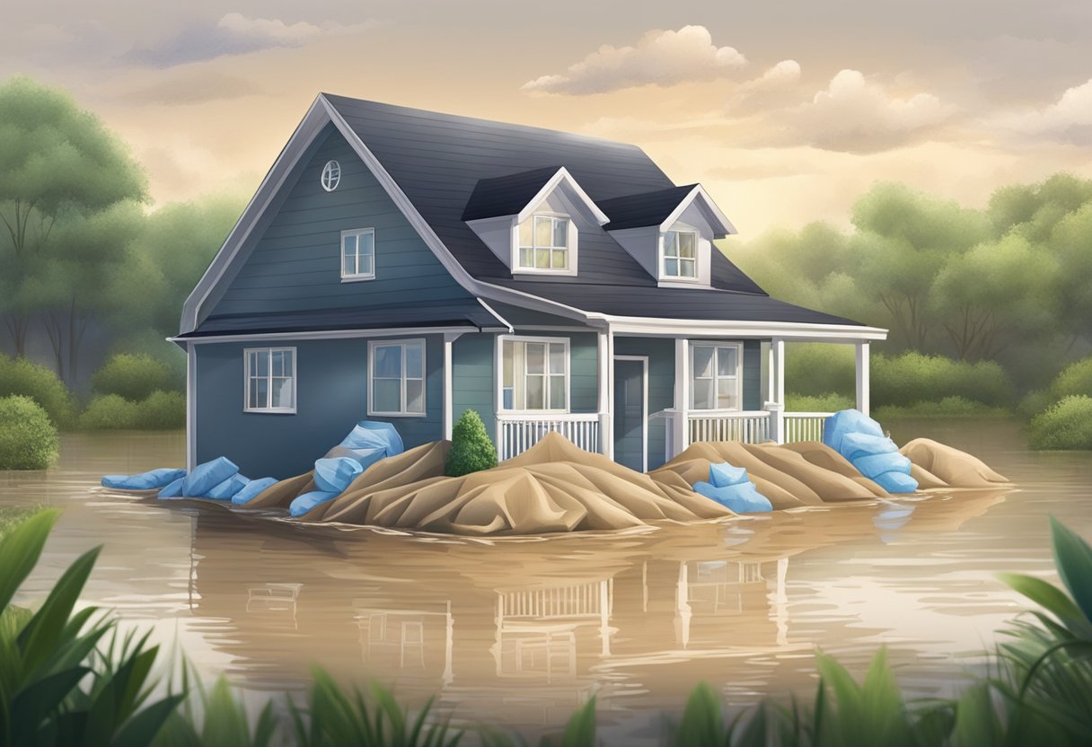 A family home surrounded by rising floodwaters, with sandbags and emergency supplies being placed around the perimeter