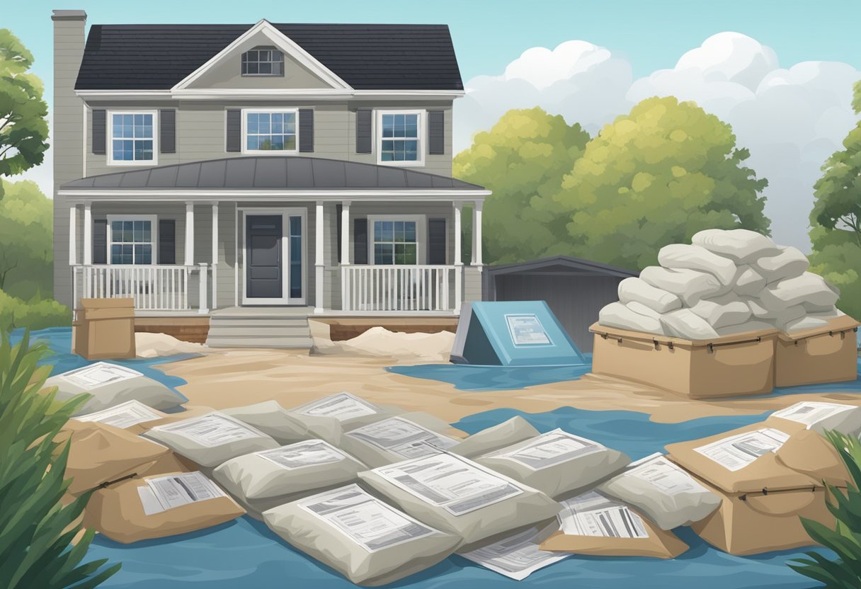 A house surrounded by sandbags, with flood insurance documents and emergency supplies stored inside