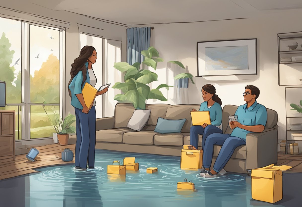 A family gathers emergency supplies and creates a flood preparedness plan. They listen to weather updates and secure their home against potential water damage