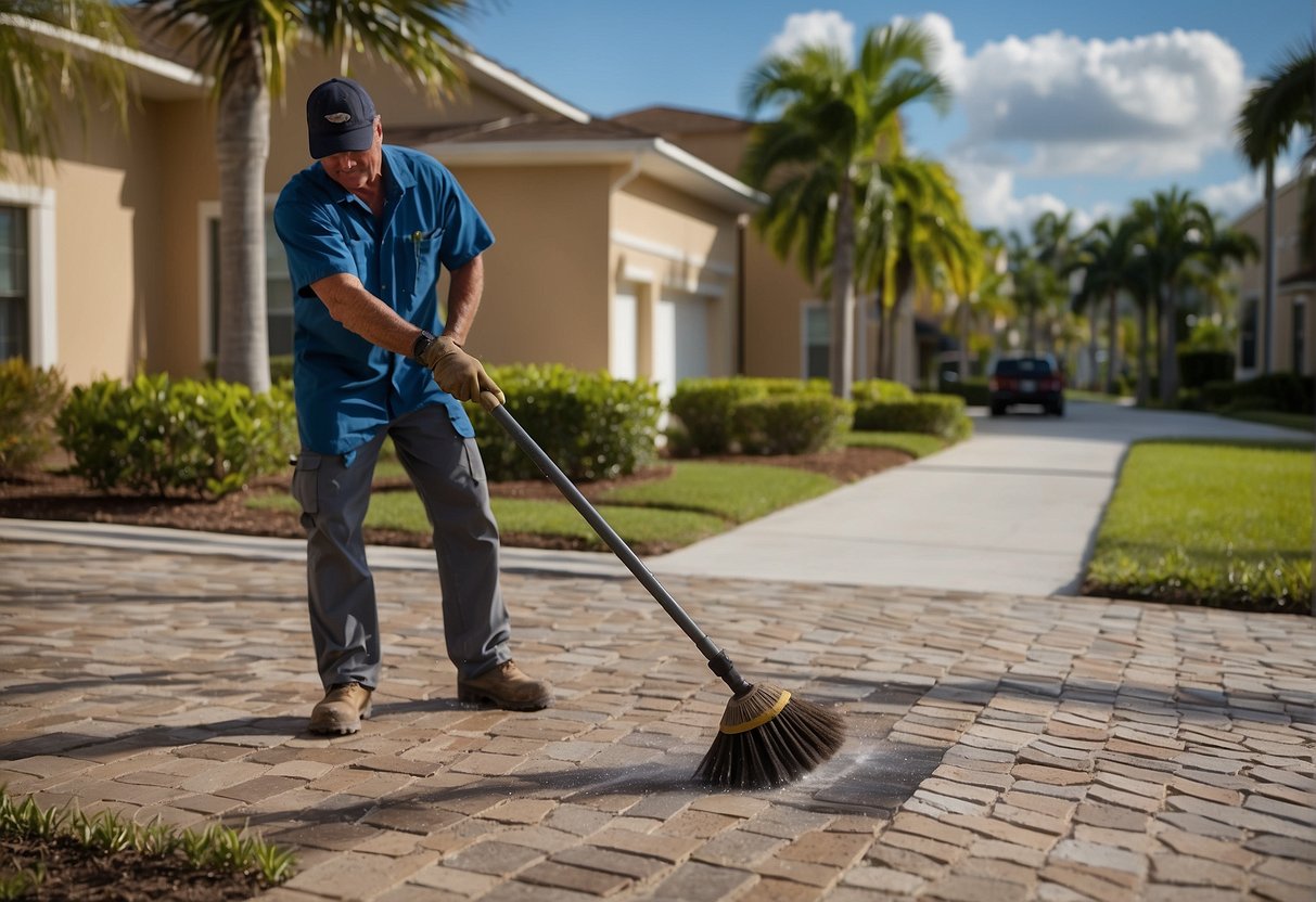 A maintenance worker sweeps debris from permeable pavers in Fort Myers. They inspect for clogs and use a pressure washer to clean the surface