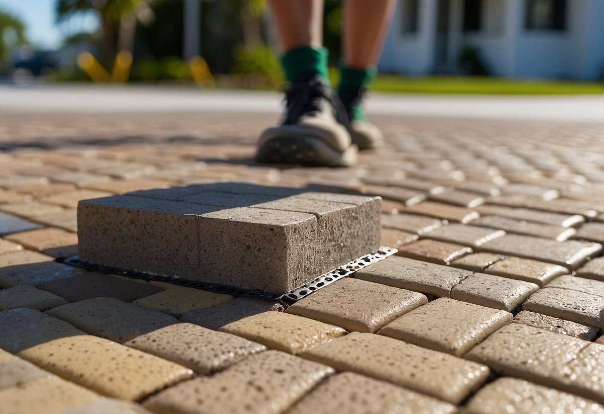 Permeable pavers being cleaned and inspected for damage in Fort Myers. Sand being added to fill in any gaps