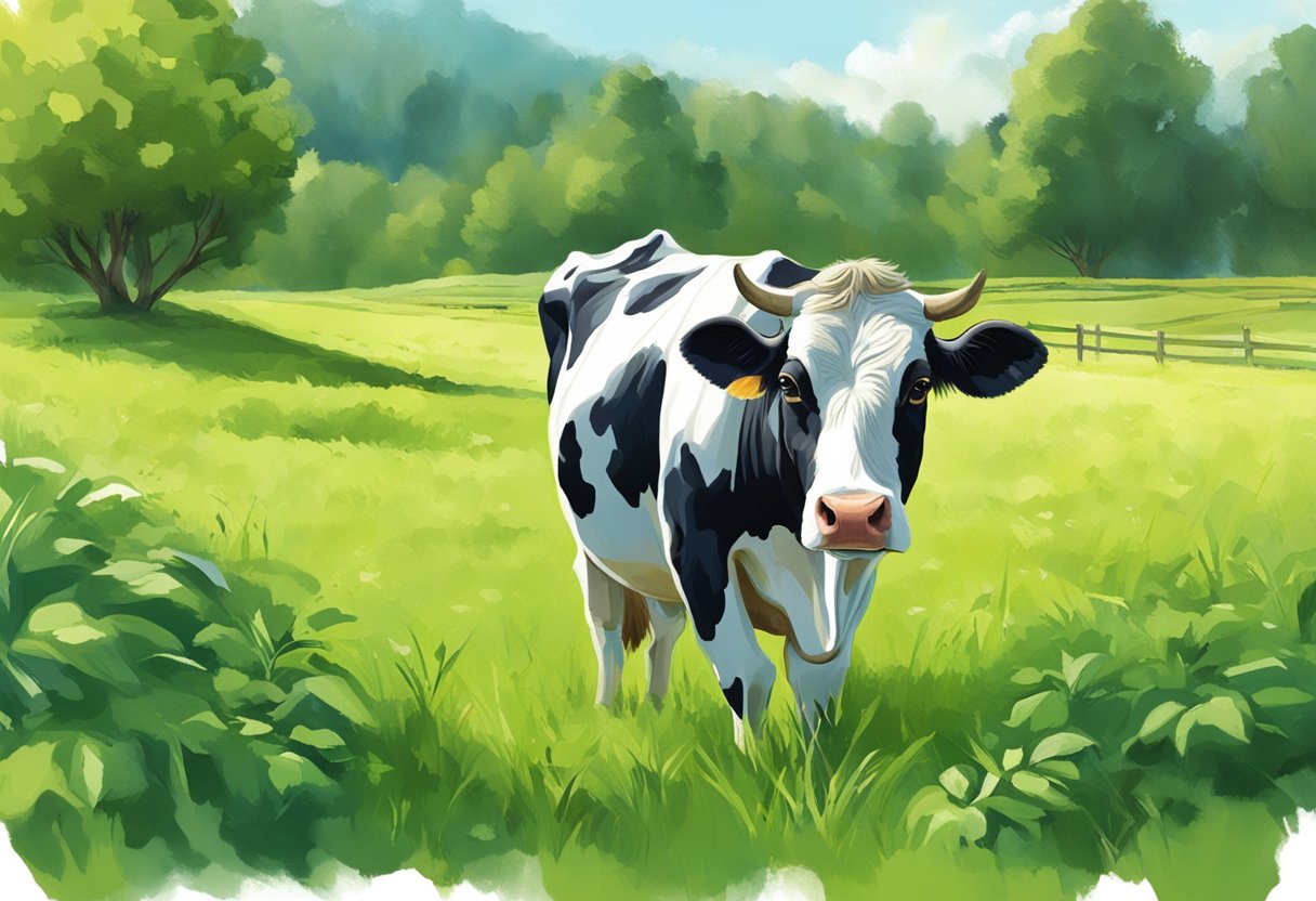 A cow eagerly eating and drinking in a lush green pasture