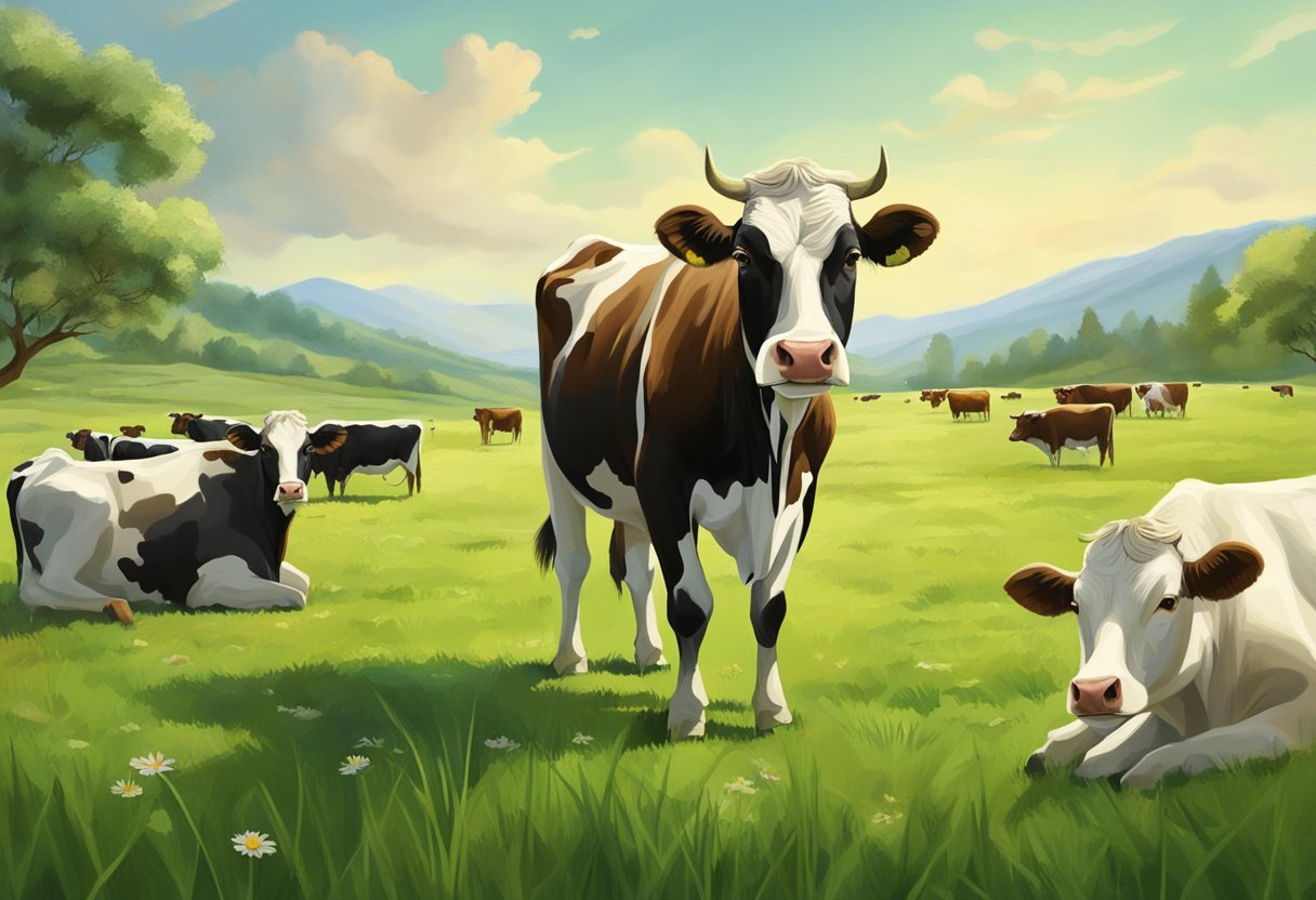 A contented cow eagerly eats and drinks in a lush green pasture, surrounded by other healthy and well-fed cattle