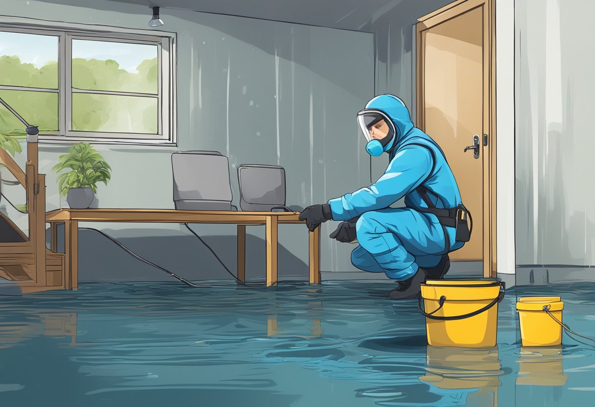 A technician in protective gear assesses water damage in a flooded home. Equipment for extraction and drying is visible in the background