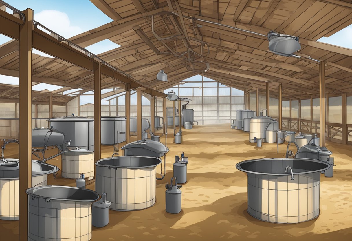 A well-organized barn environment with feeding and watering stations for cows to eat and drink comfortably