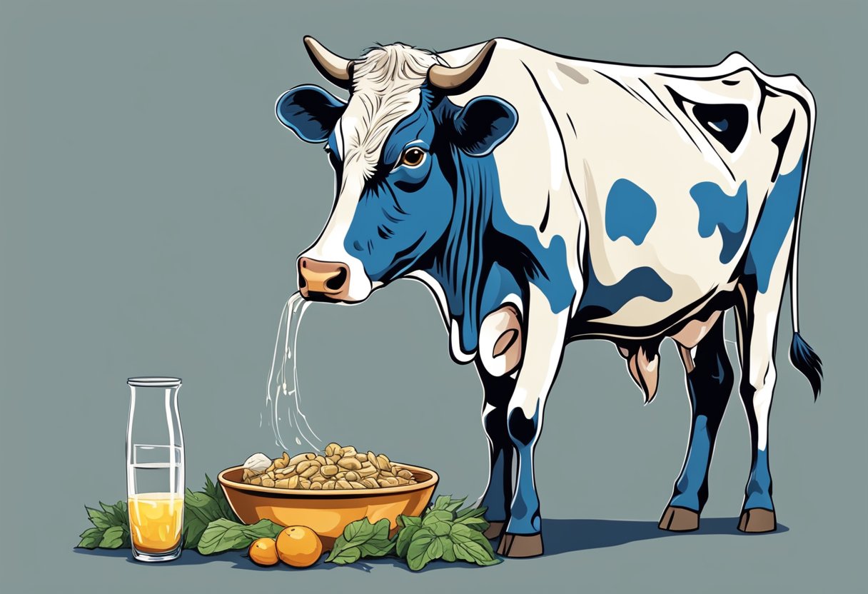 A healthy cow eagerly eating and drinking
