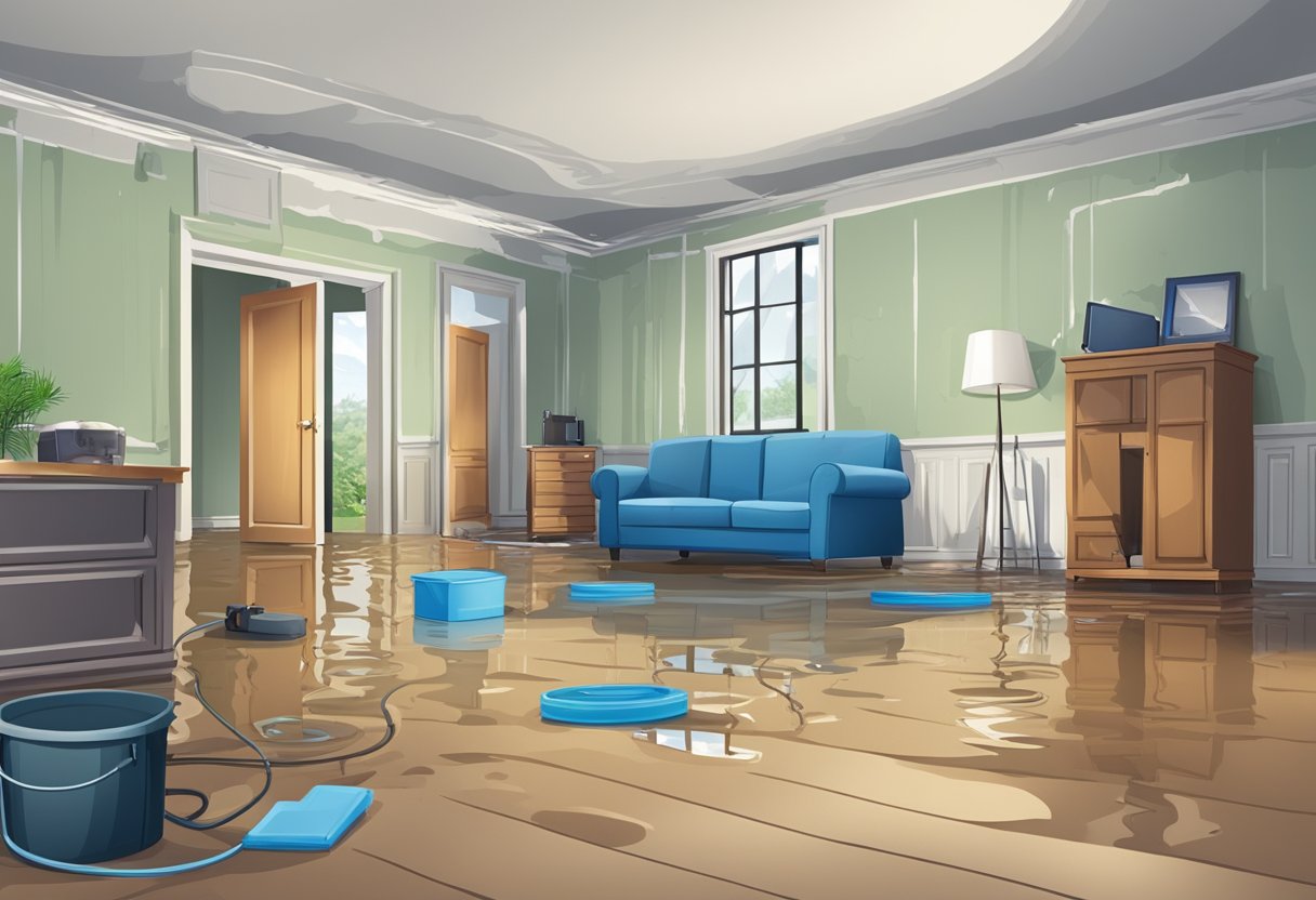 A flooded room with damaged walls, floors, and furniture. Water extraction equipment and restoration tools are scattered around. A restoration team is working to remove water and repair the damage