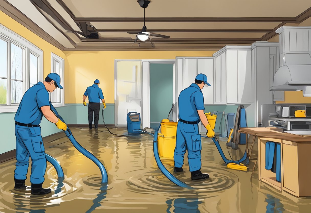 A team of restoration professionals assess water damage, remove debris, and set up drying equipment in a flooded home