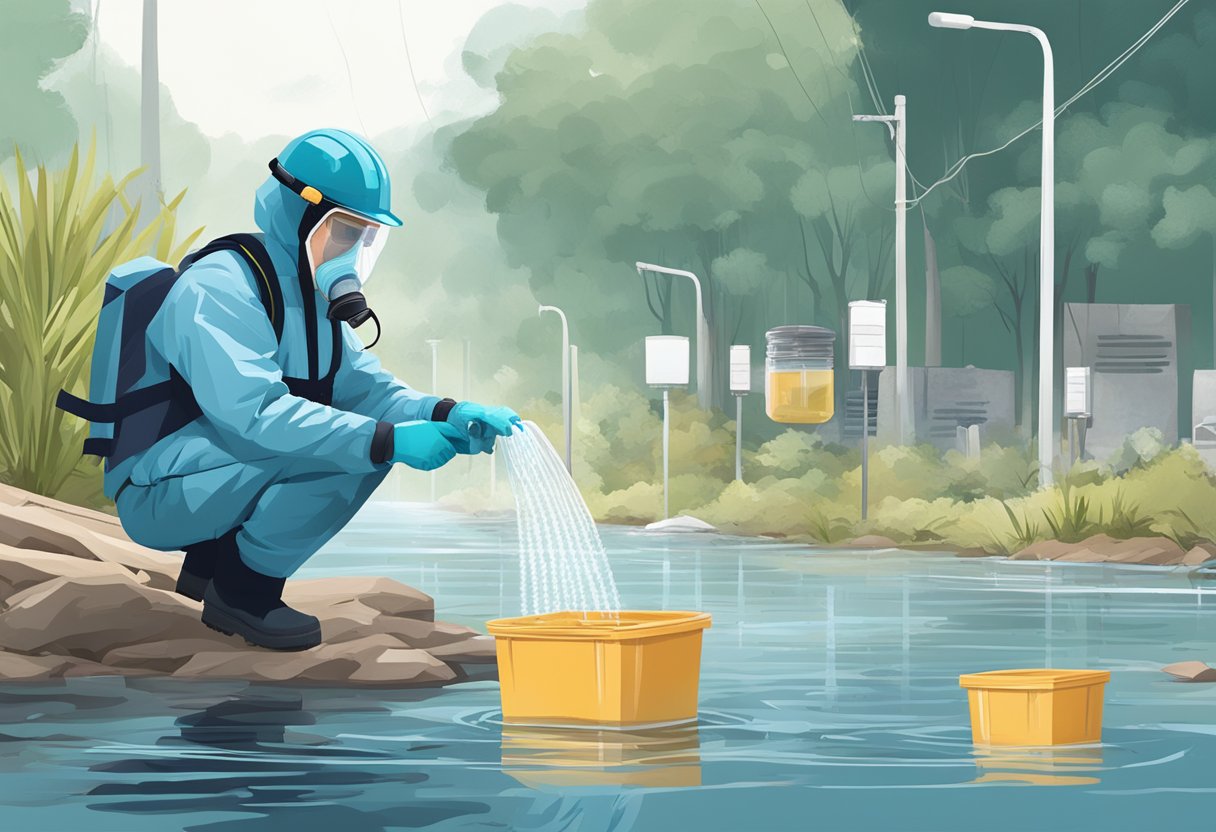 A person in protective gear testing water and air quality post-flooding. Water samples in hand, air monitor in the other