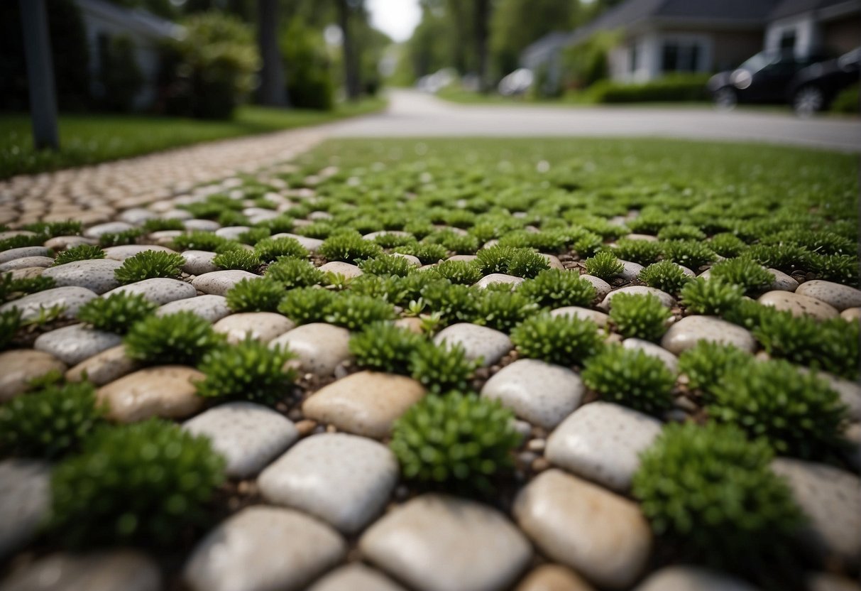 A driveway made of permeable pavers, surrounded by lush greenery. Rainwater flows through the pavers, reducing runoff and filtering pollutants