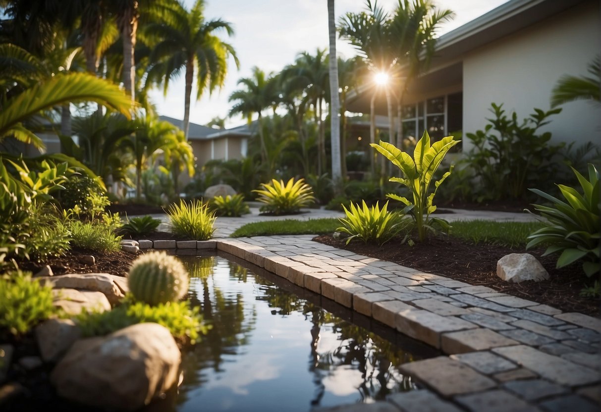 A lush garden with permeable pavers, rainwater flowing through, and plants thriving. Trees and wildlife coexist in the eco-friendly environment of Fort Myers