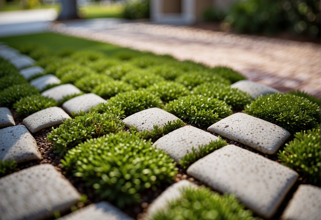 Permeable pavers line a driveway, allowing water to seep through. Lush greenery surrounds the area, showcasing the eco-friendly features in Fort Myers