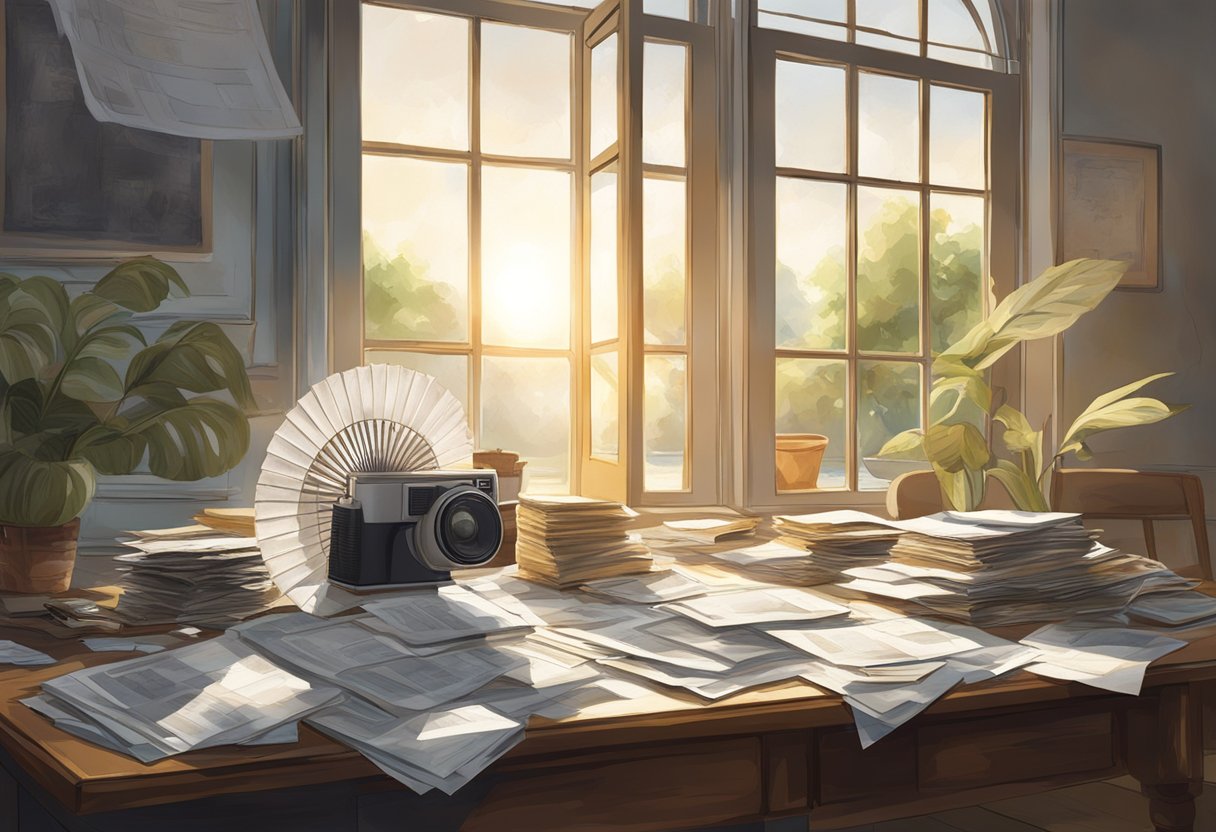 A table covered in water-damaged photographs and documents. A fan blowing gently, and sunlight streaming in through a nearby window, aiding in the drying process