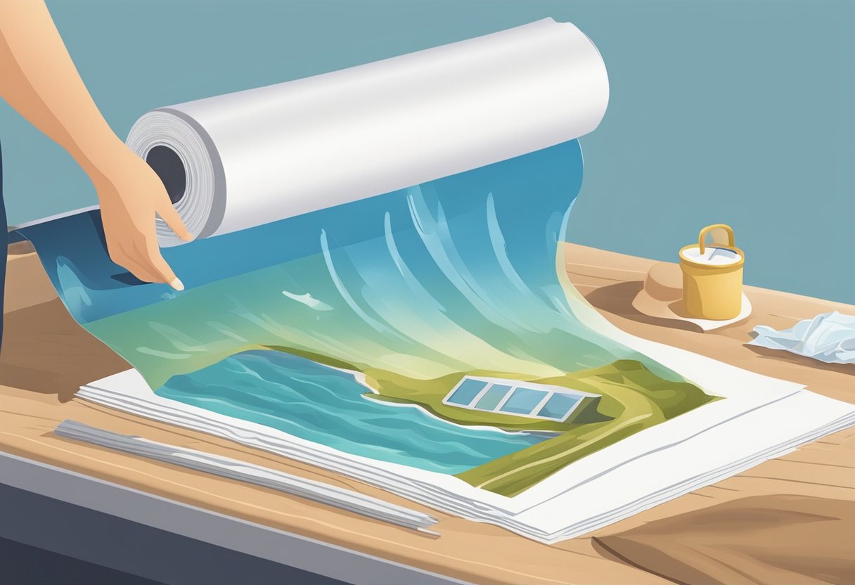 A person carefully drying and flattening water-damaged photographs and documents on a clean, flat surface