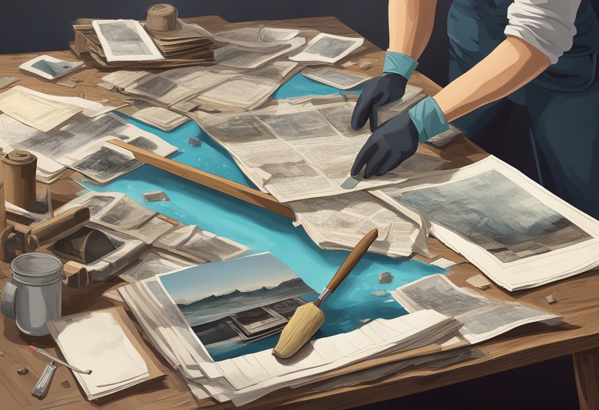 A table covered in water-damaged photographs and documents, with a person in gloves carefully using restoration tools and materials to salvage the memories