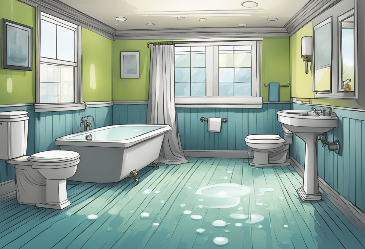 A bathroom with water stains on the ceiling and walls, warped or discolored flooring, and musty odors. A leaking pipe or faulty seal around the bathtub could be the cause