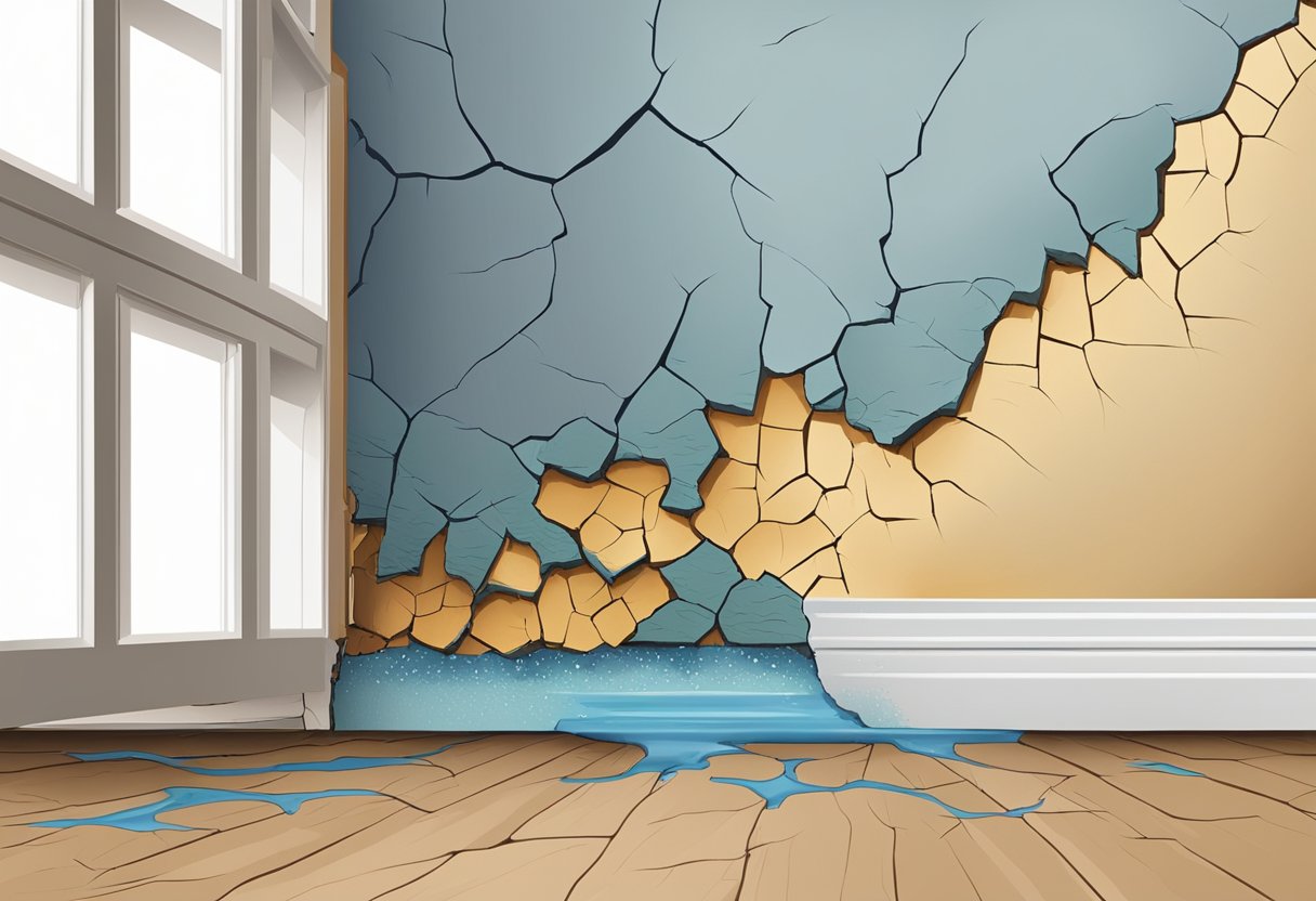 A cracked foundation with water seeping in, causing damage to walls and flooring in various areas of the home