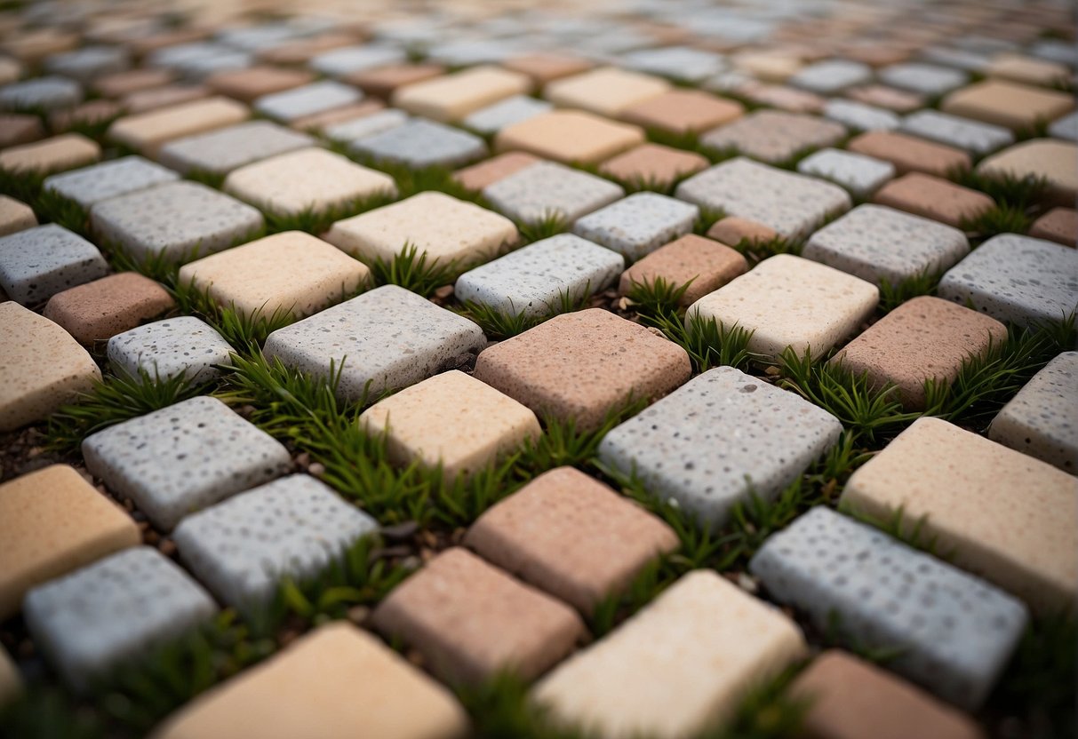 A variety of permeable pavers arranged in a pattern on a landscaped area in Fort Myers, Florida. Different textures and colors are visible, with some pavers installed in a grid pattern and others in a herringbone pattern