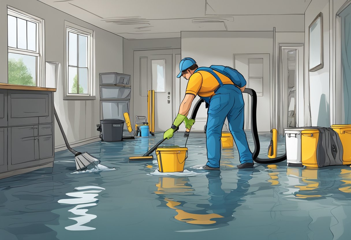 A flooded room with water extraction, drying equipment, and restoration tools scattered about. A technician assesses damage while others work on cleanup and repairs