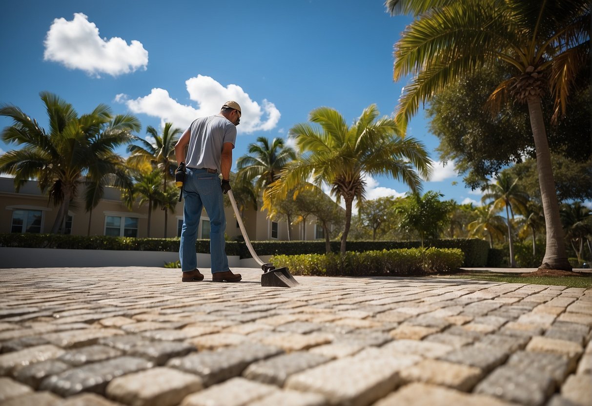 A landscaper examines various permeable pavers in Fort Myers, Florida, surrounded by lush greenery and under a bright blue sky