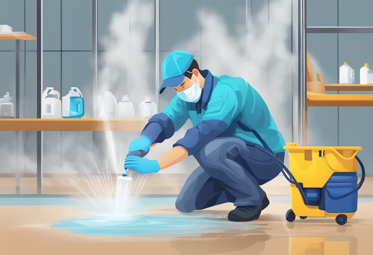 A technician sprays and wipes down water-damaged surfaces, removing debris and applying sanitizing solution. Equipment hums in the background