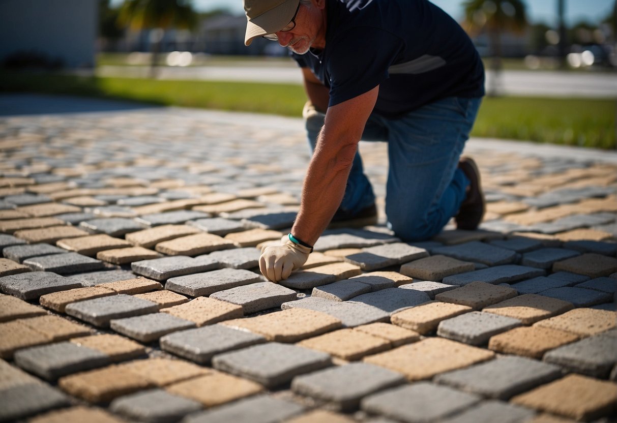 A landscape designer carefully selects permeable pavers for a Fort Myers project, arranging them in a pattern on the ground