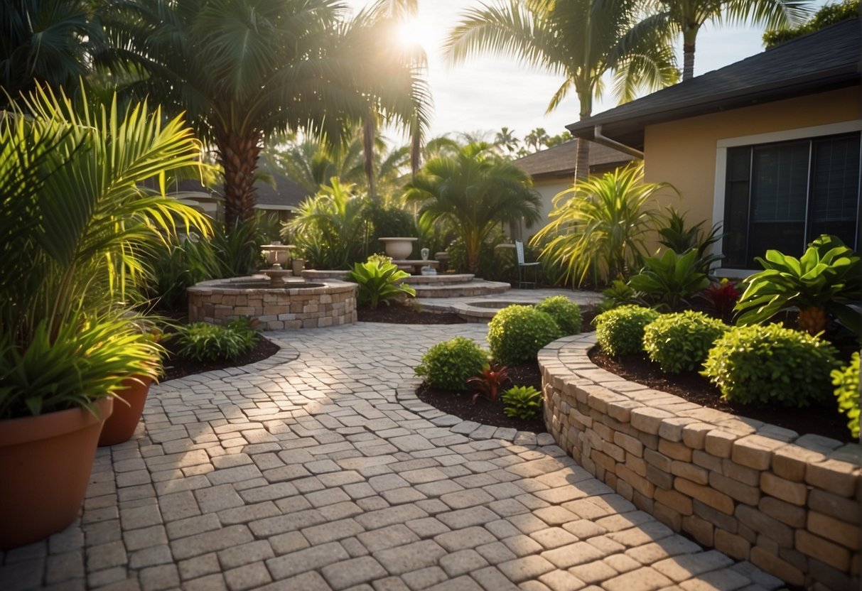 A lush garden with permeable pavers leading to a cozy patio. Diverse plant life and a water feature create a tranquil atmosphere in Fort Myers