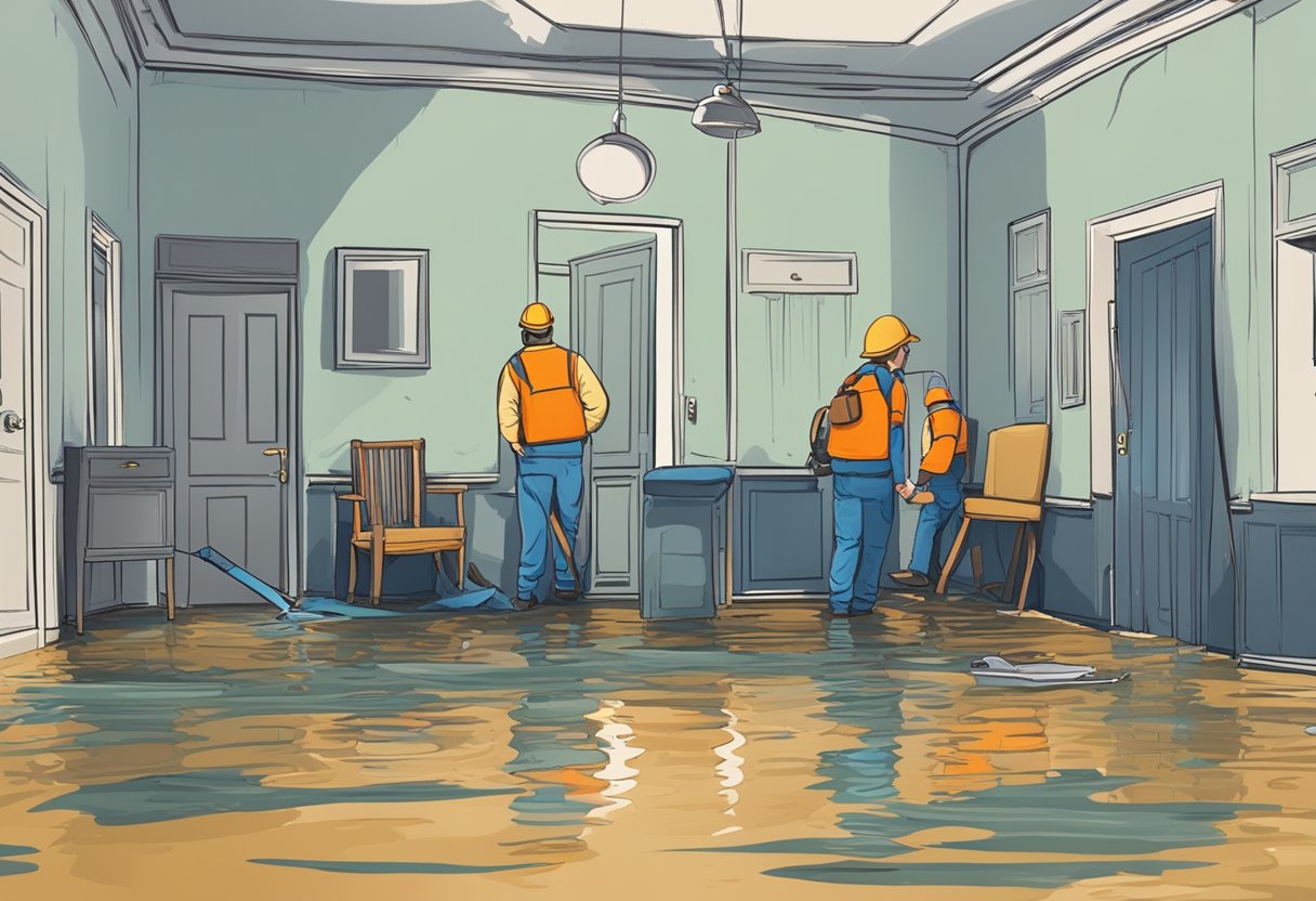 A flooded room with water damage: warped floors, peeling paint, and damp furniture. Restoration equipment and workers assessing the extent of the damage