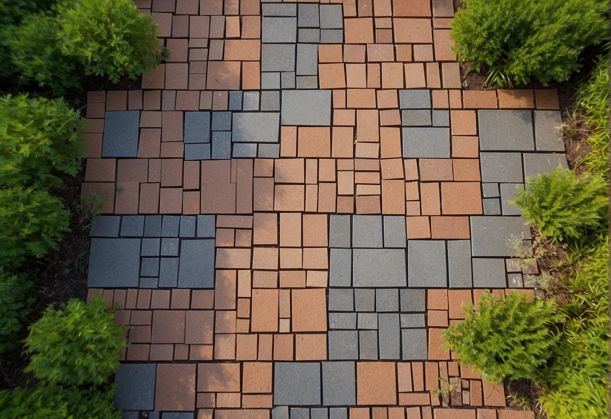Aerial view of various permeable paver designs in a landscaped area in Fort Myers, showcasing different patterns and materials