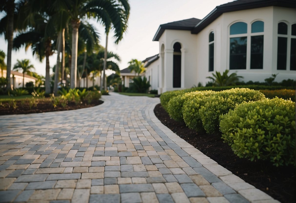A suburban driveway with permeable pavers in Fort Myers, surrounded by lush landscaping and modern residential architecture