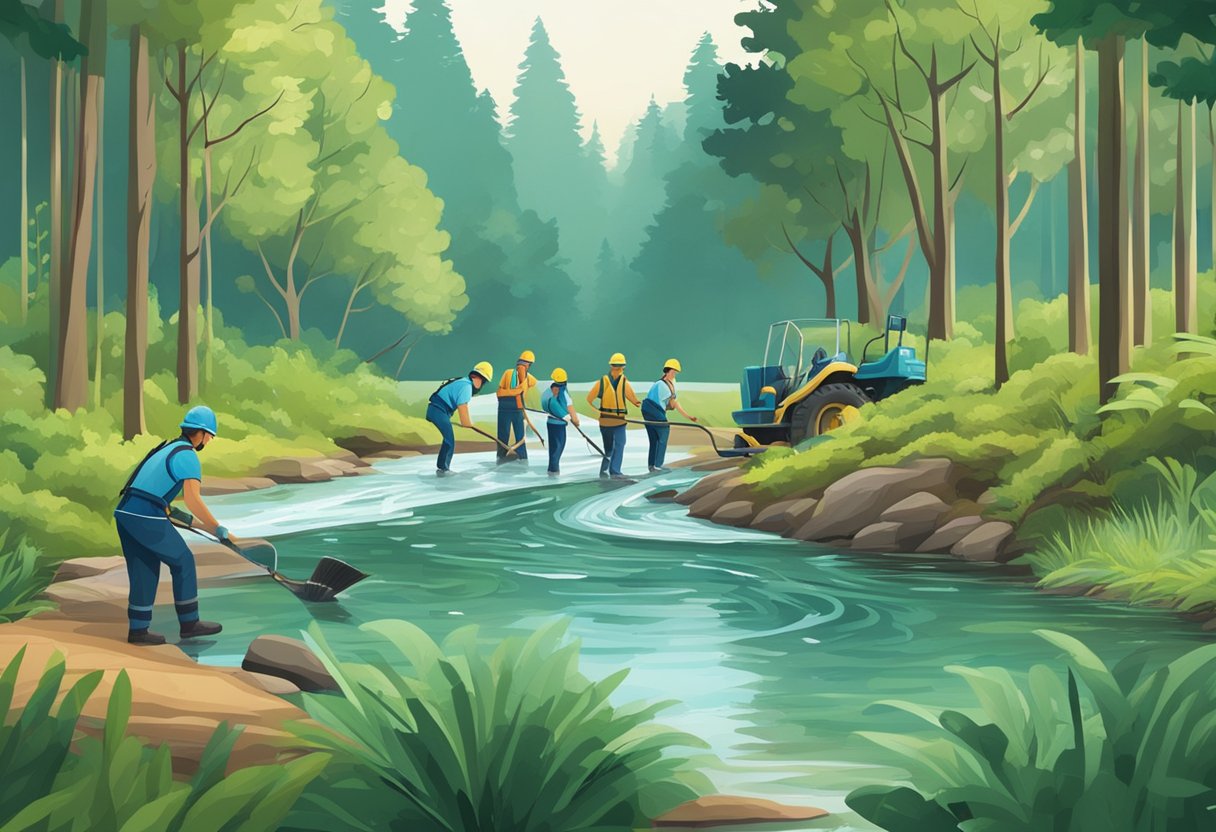 A serene river flowing through a lush forest, with a team of workers using eco-friendly equipment to clean up water damage