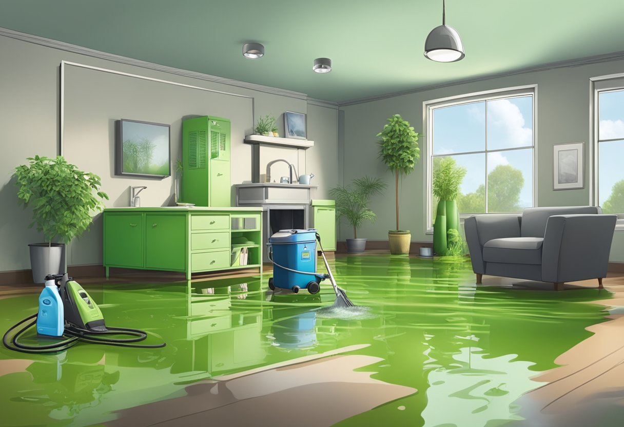 A flooded room with water damage, green restoration equipment, and eco-friendly cleaning products in use