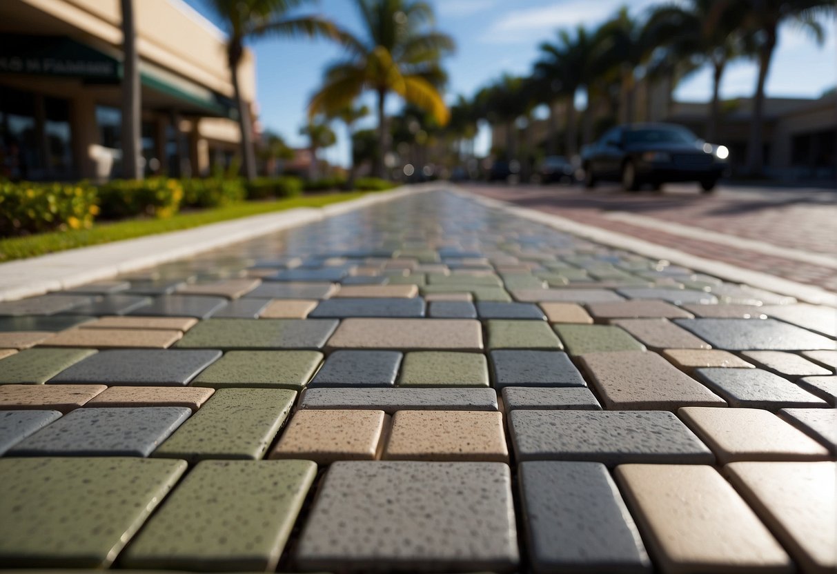 A bustling commercial area in Fort Myers showcases permeable pavers in various patterns and colors, seamlessly blending with the surrounding landscape