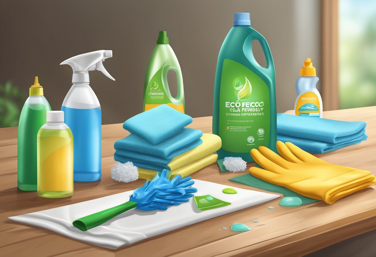 A table with eco-friendly cleaning products, reusable gloves, and recycling bins for water damage cleanup