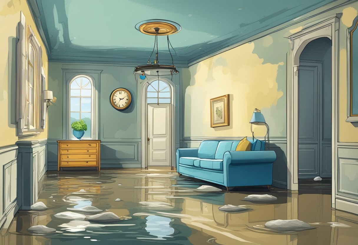 A flooded room with water seeping into furniture and walls, causing structural damage and mold growth. A clock on the wall shows the passing of time