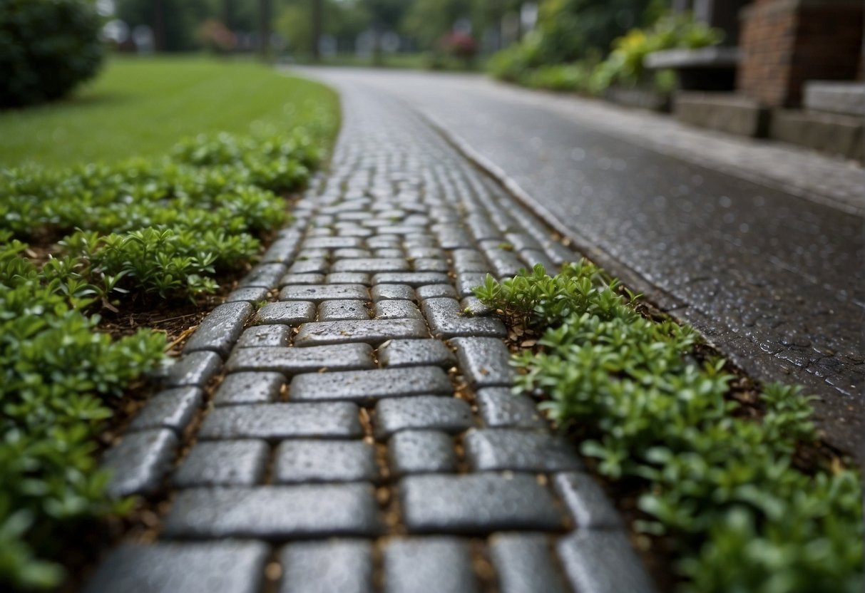 A driveway with permeable pavers, surrounded by lush greenery and a gentle rain, allowing water to seep through the surface