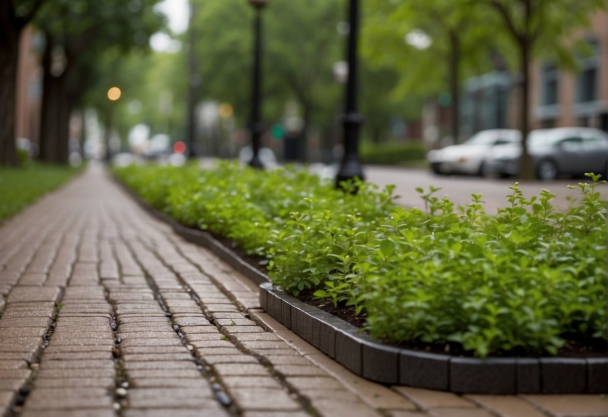 A city street with permeable pavers, surrounded by greenery and rain gardens, showcasing sustainability and environmental impact