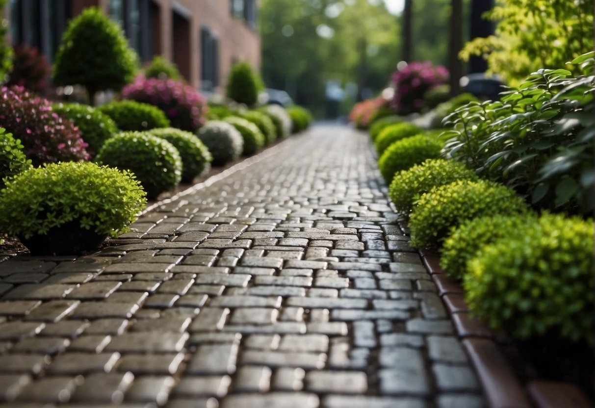 A serene street scene with permeable pavers, surrounded by lush greenery and rainwater flowing through the pavers, showcasing their sustainable benefits