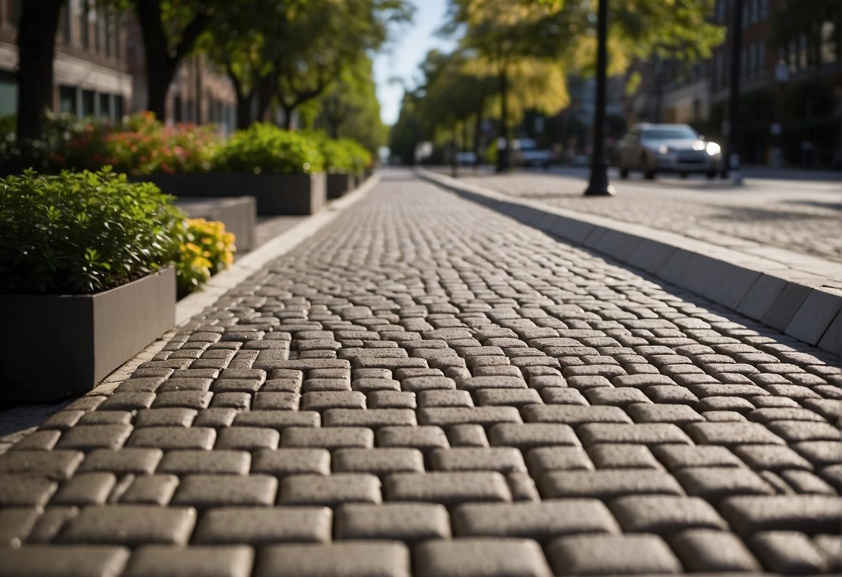 A city street lined with permeable pavers, allowing water to seep through and reduce stormwater runoff. Trees and greenery are interspersed between the pavers, creating a sustainable and visually appealing urban environment