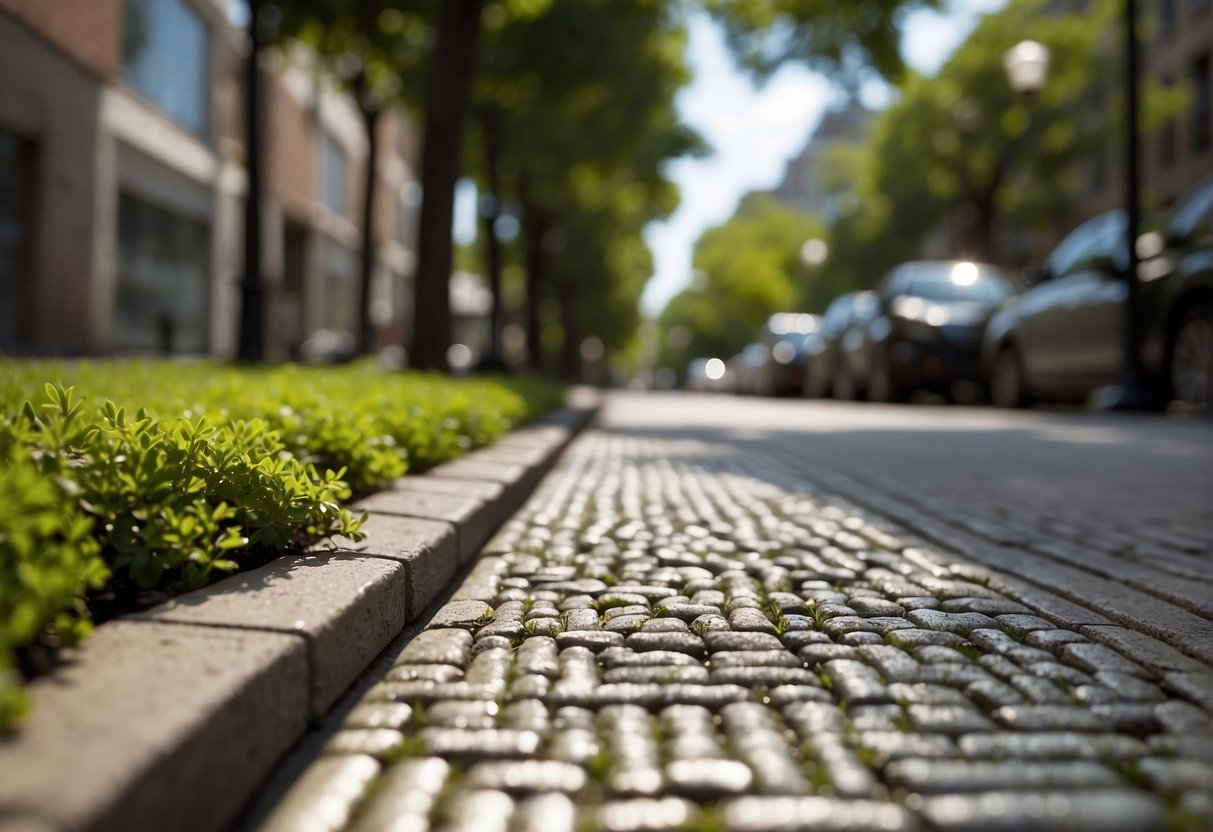 Permeable pavers line a city street, allowing water to seep through, reducing runoff. Trees and plants thrive in the green space created by the sustainable solution