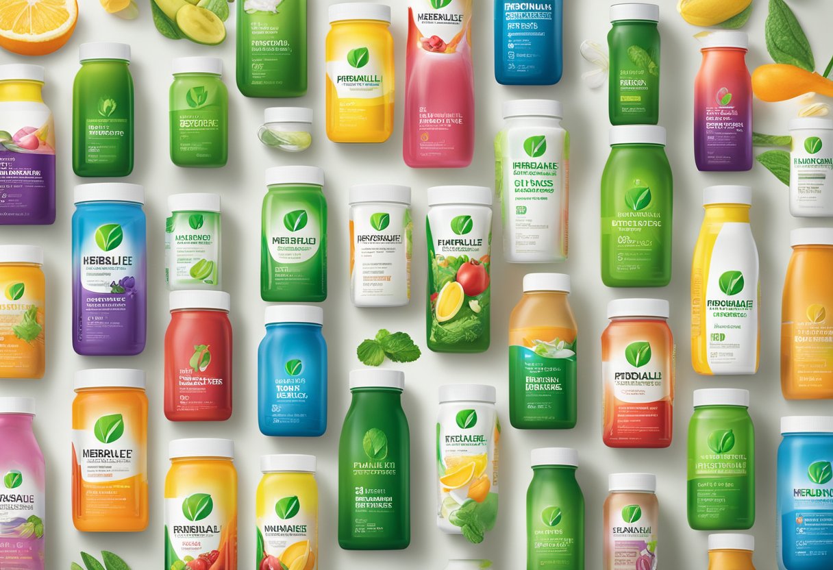 A table filled with Herbalife Nutrition products, including shakes, supplements, and vitamins. Bright packaging and vibrant colors. Logo prominently displayed