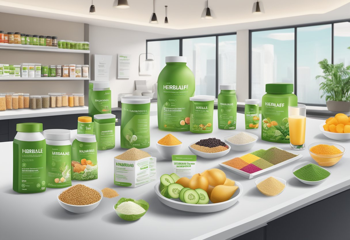 A table with Herbalife Nutrition products displayed, surrounded by a list of pros and cons. Bright packaging and healthy ingredients are highlighted